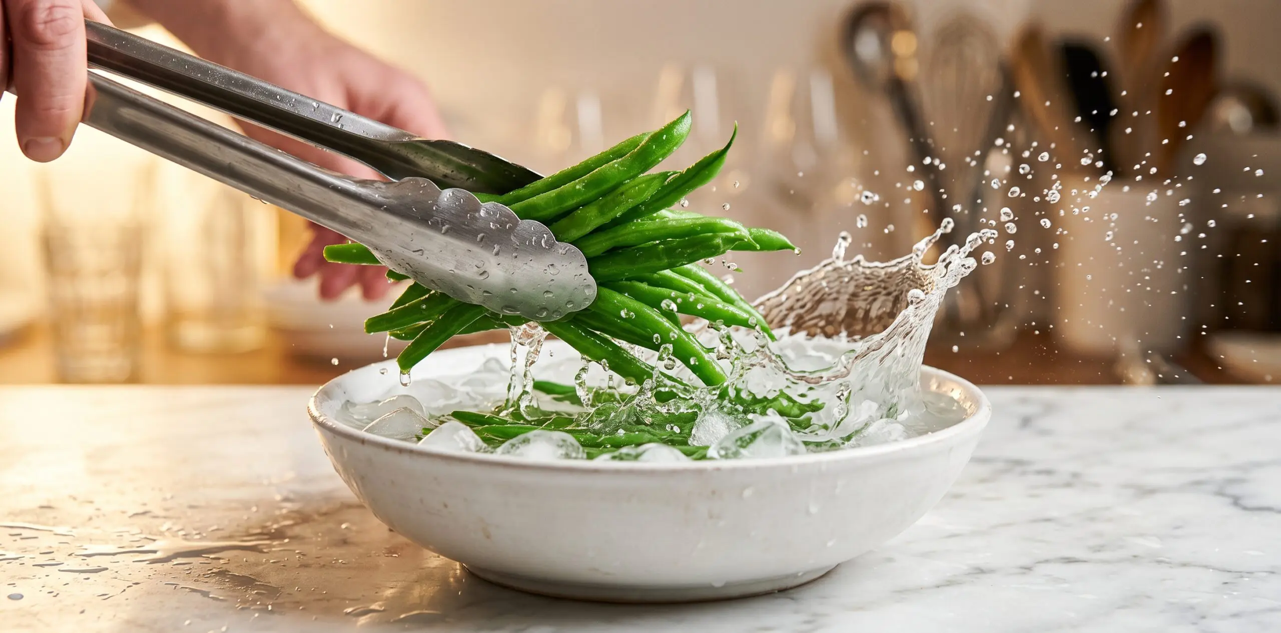 Bright haricots verts being dropped into a bowl of ice water, the water splashing upward in a freeze-frame.