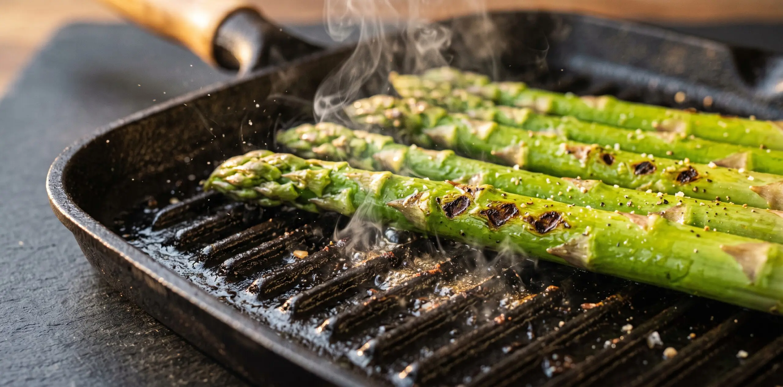 Thick asparagus stalks searing on a ridged cast-iron grill pan, char diamonds forming on the flesh.