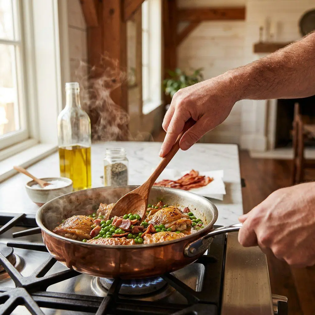 Home cook prepared steps for assembling and cooking Braised Chicken Thighs with Sweet Peas and Bacon.