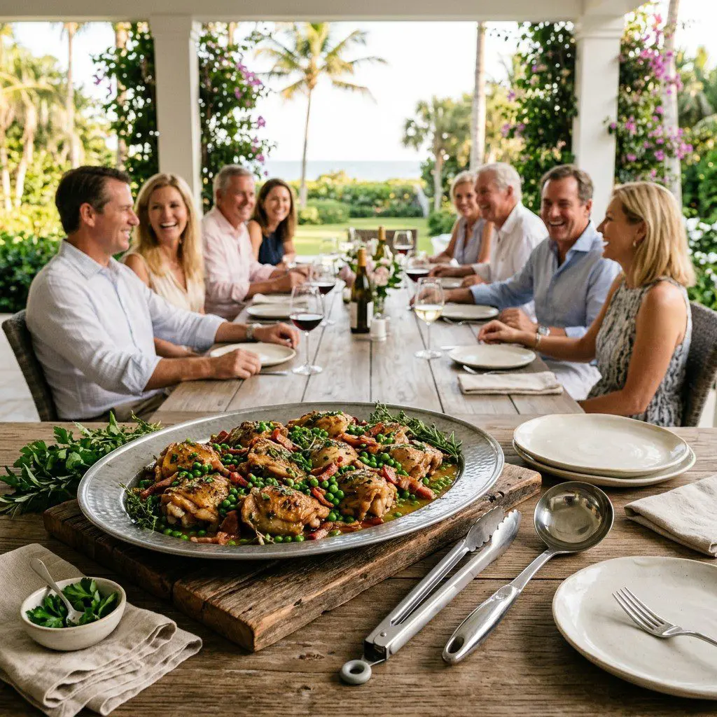 An appetizing, fresh serving of cooked Braised Chicken Thighs with Sweet Peas and Bacon displayed beautifully on a styled dining table.