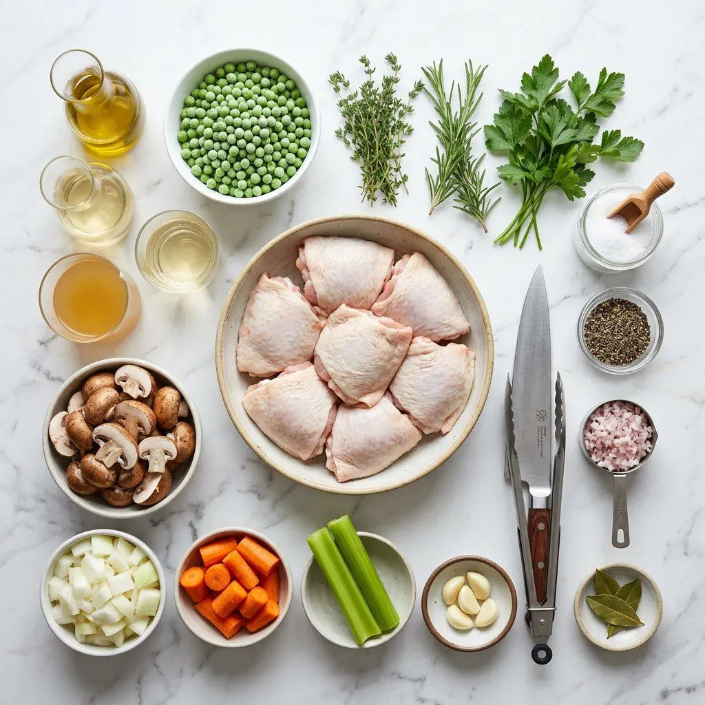 Raw cooking ingredients for Braised Chicken Thighs with Sweet Peas and Bacon arranged beautifully on a clean kitchen counter.