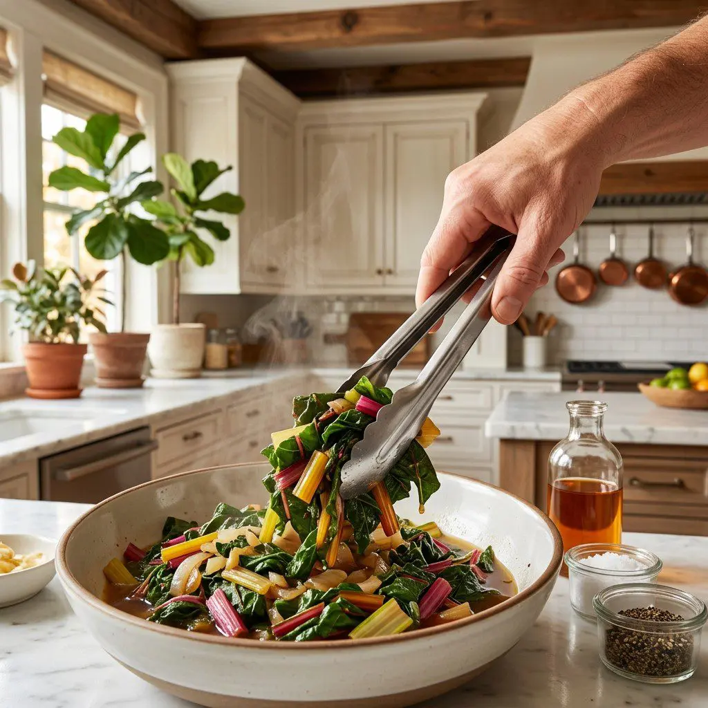 Home cook prepared steps for assembling and cooking Braised Rainbow Chard.