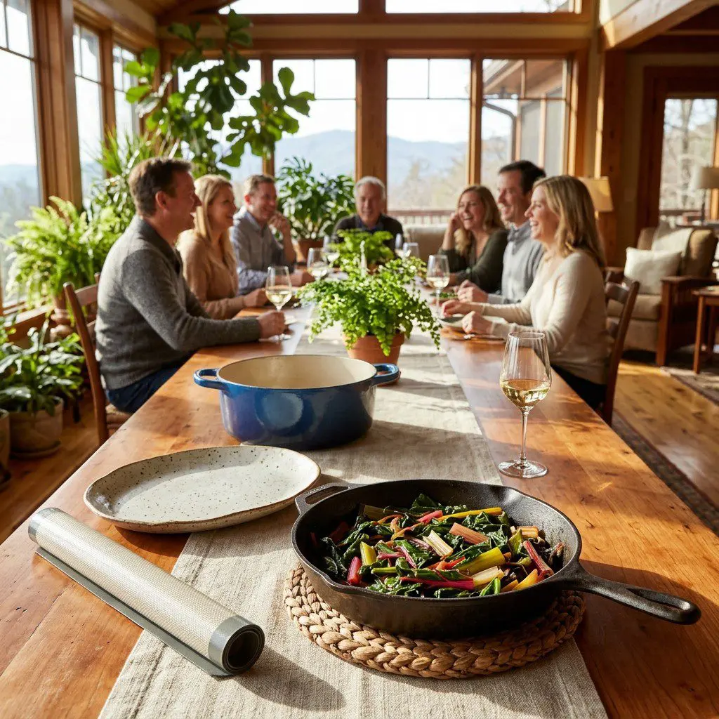 An appetizing, fresh serving of cooked Braised Rainbow Chard displayed beautifully on a styled dining table.