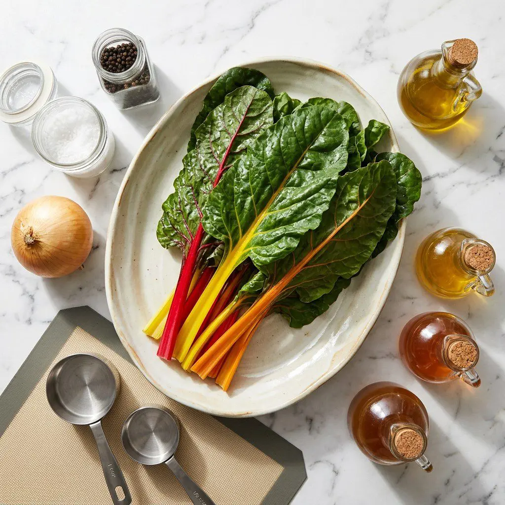 Raw cooking ingredients for Braised Rainbow Chard arranged beautifully on a clean kitchen counter.