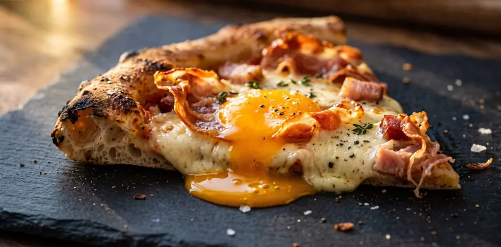 A slice of breakfast pizza with a broken egg yolk spreading over melted mozzarella and prosciutto.