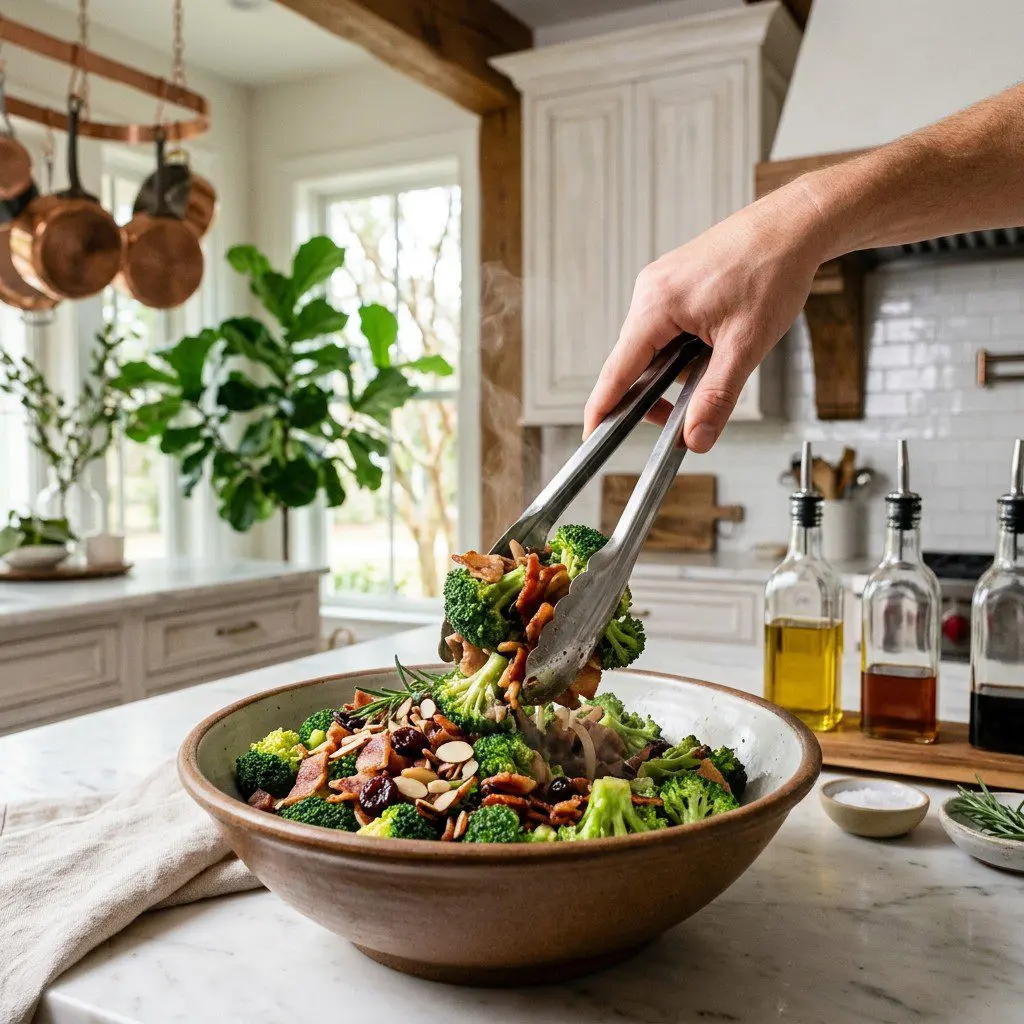 Home cook prepared steps for assembling and cooking Broccoli Salad with Cherries, Almonds and Warm Bourbon-Bacon Dressing.