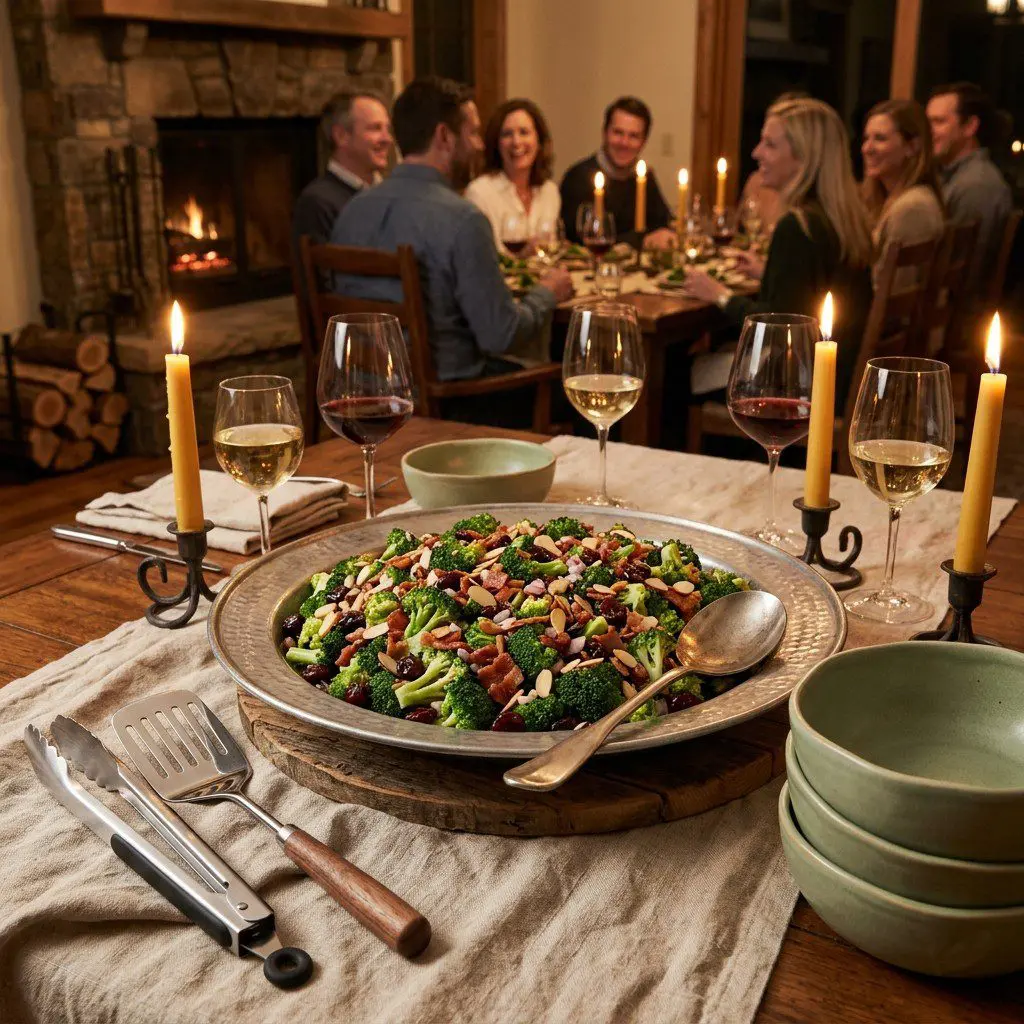 An appetizing, fresh serving of cooked Broccoli Salad with Cherries, Almonds and Warm Bourbon-Bacon Dressing displayed beautifully on a styled dining table.