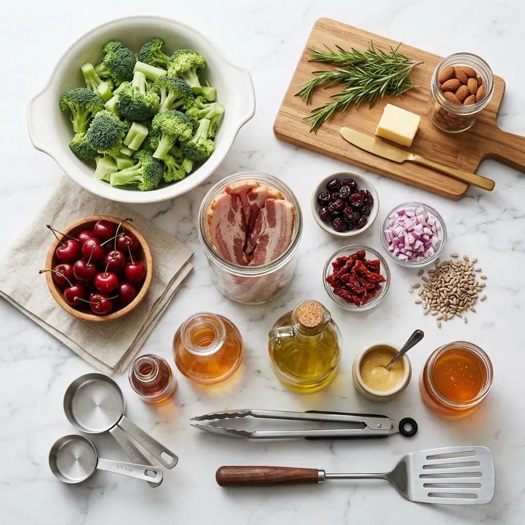 Raw cooking ingredients for Broccoli Salad with Cherries, Almonds and Warm Bourbon-Bacon Dressing arranged beautifully on a clean kitchen counter.