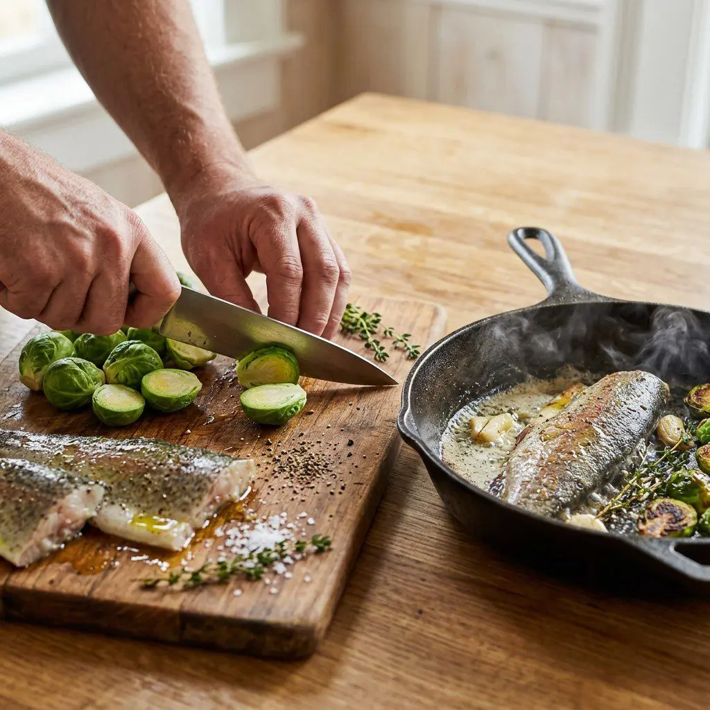 Home cook prepared steps for assembling and cooking Butter Basted Trout with Brussels Sprouts.