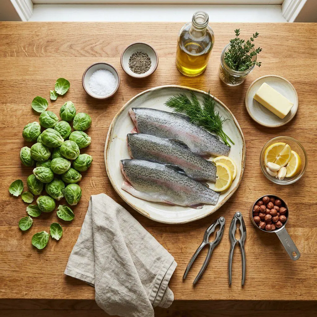 Raw cooking ingredients for Butter Basted Trout with Brussels Sprouts arranged beautifully on a clean kitchen counter.