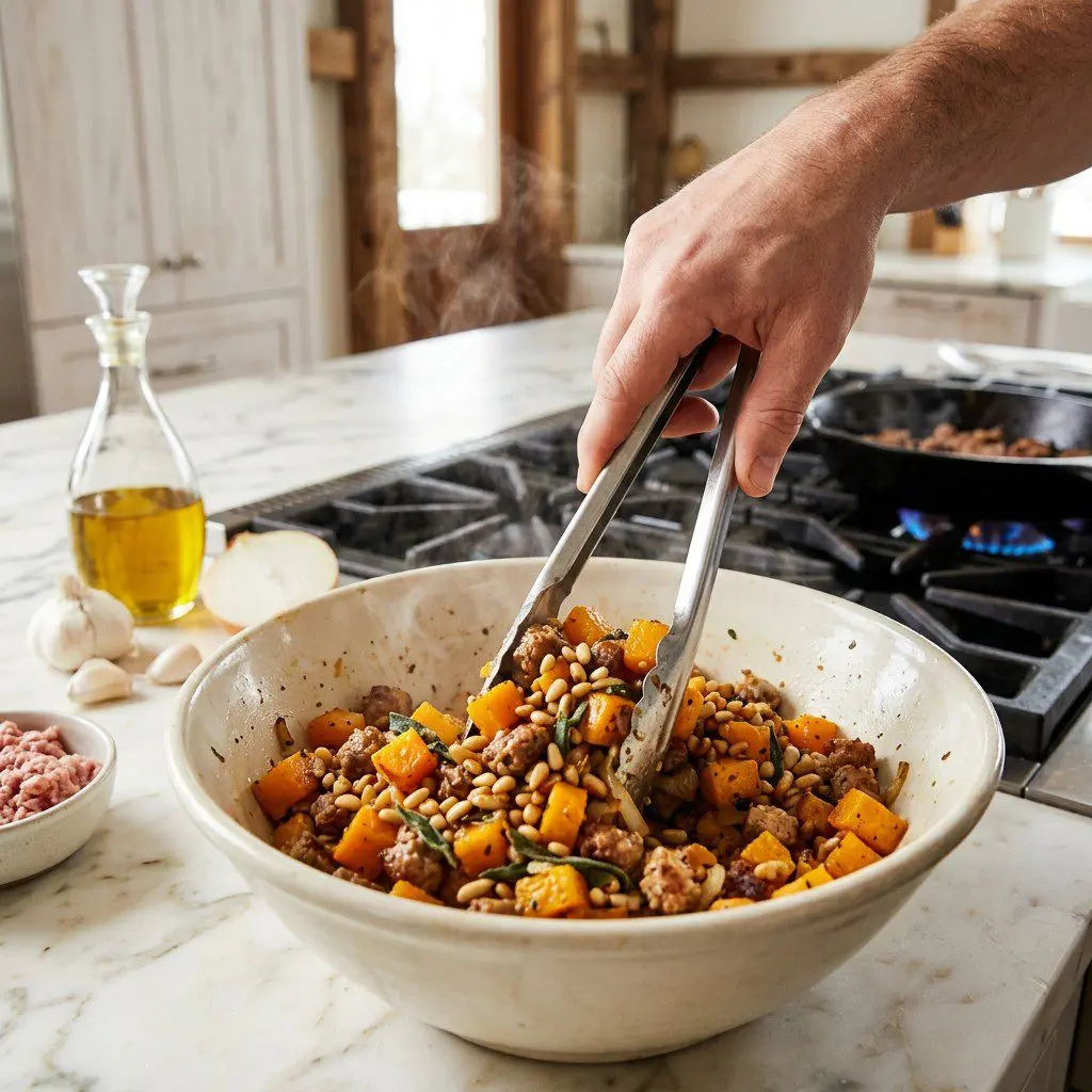 Home cook prepared steps for assembling and cooking Butternut Squash and Sausage Cannelloni with Pine Nuts and Sage.