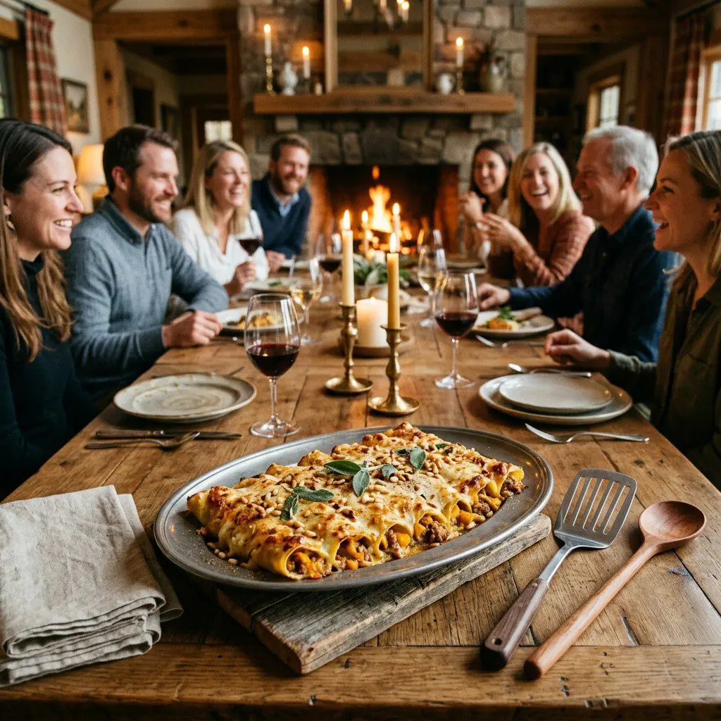 An appetizing, fresh serving of cooked Butternut Squash and Sausage Cannelloni with Pine Nuts and Sage displayed beautifully on a styled dining table.