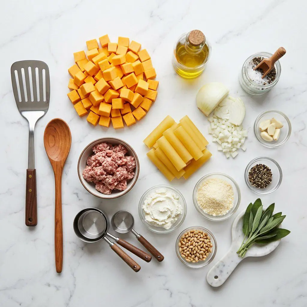 Raw cooking ingredients for Butternut Squash and Sausage Cannelloni with Pine Nuts and Sage arranged beautifully on a clean kitchen counter.