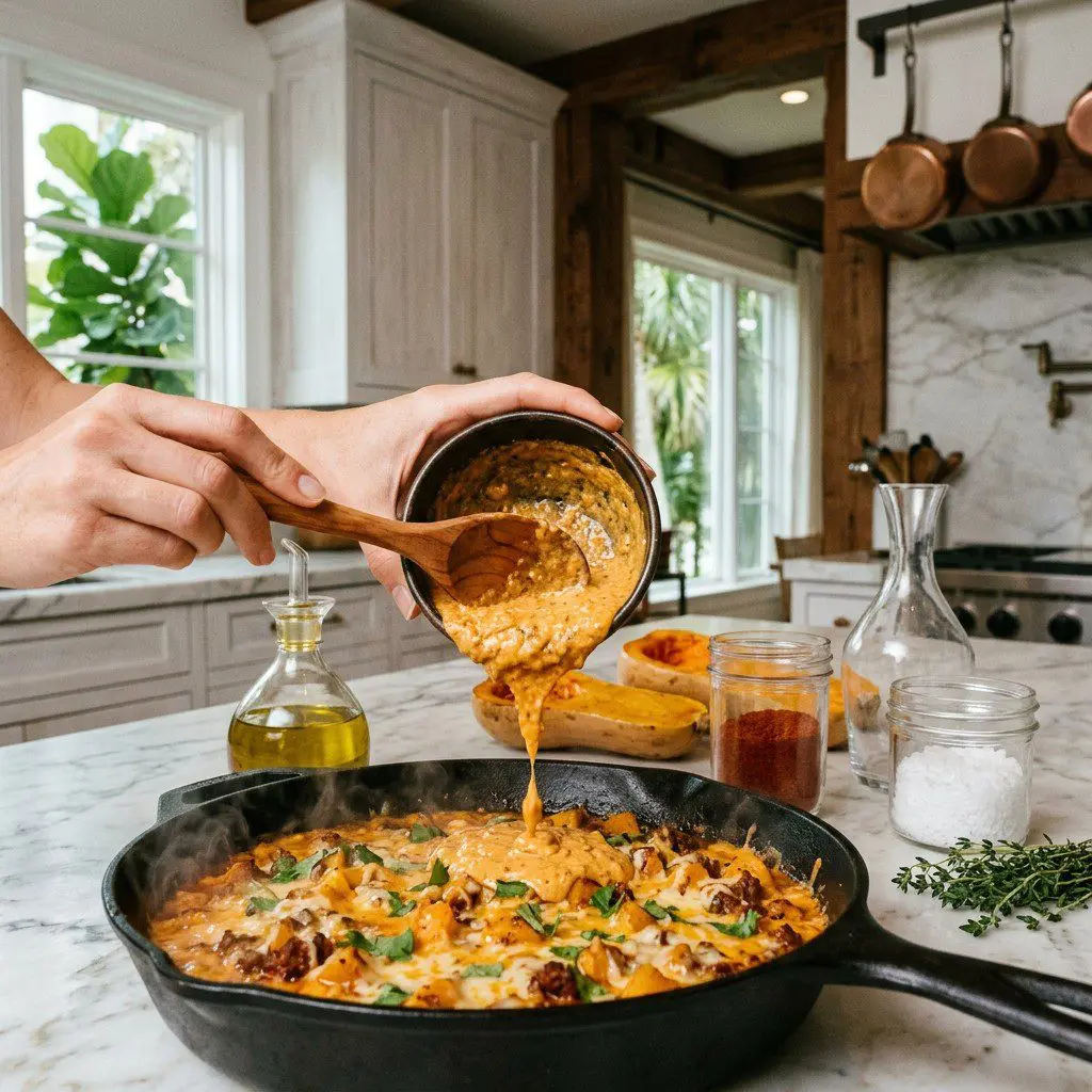 Home cook prepared steps for assembling and cooking Butternut Squash Choriqueso (Spicy Cheese Dip).