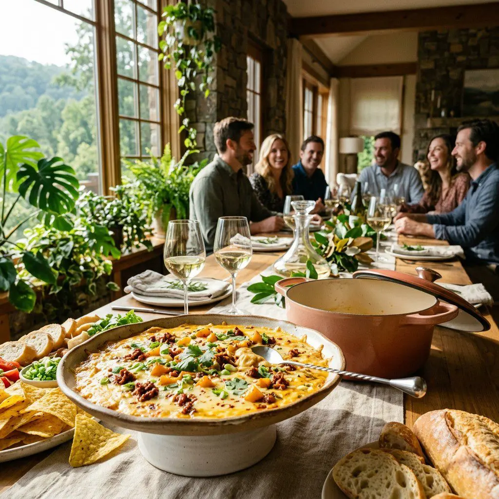 An appetizing, fresh serving of cooked Butternut Squash Choriqueso (Spicy Cheese Dip) displayed beautifully on a styled dining table.