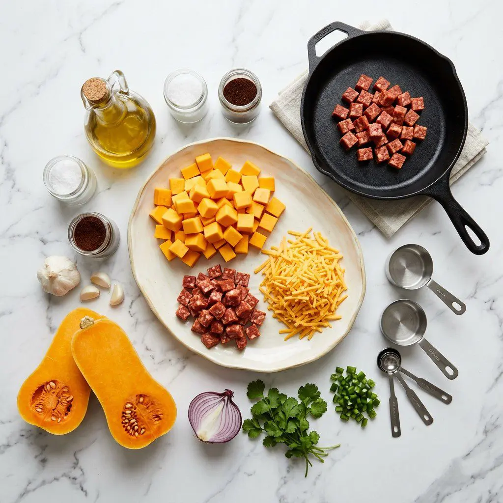 Raw cooking ingredients for Butternut Squash Choriqueso (Spicy Cheese Dip) arranged beautifully on a clean kitchen counter.