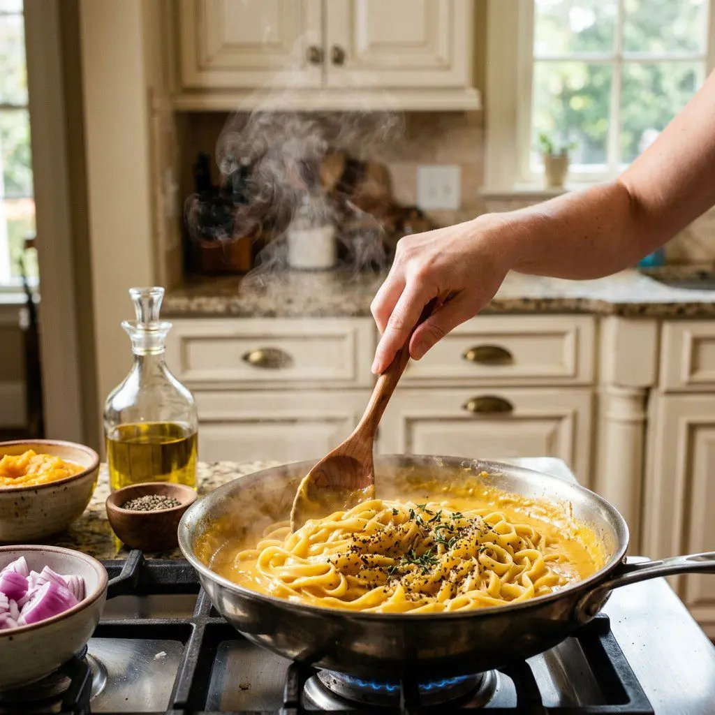 Home cook prepared steps for assembling and cooking Butternut Squash Fettuccine Alfredo.