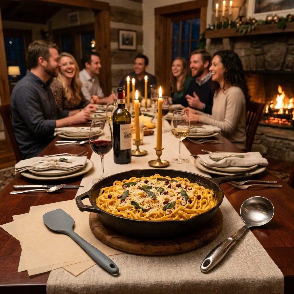 An appetizing, fresh serving of cooked Butternut Squash Fettuccine Alfredo displayed beautifully on a styled dining table.