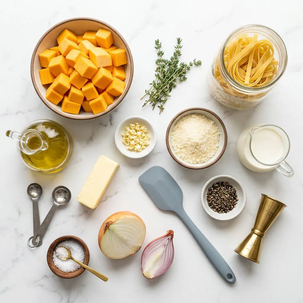 Raw cooking ingredients for Butternut Squash Fettuccine Alfredo arranged beautifully on a clean kitchen counter.