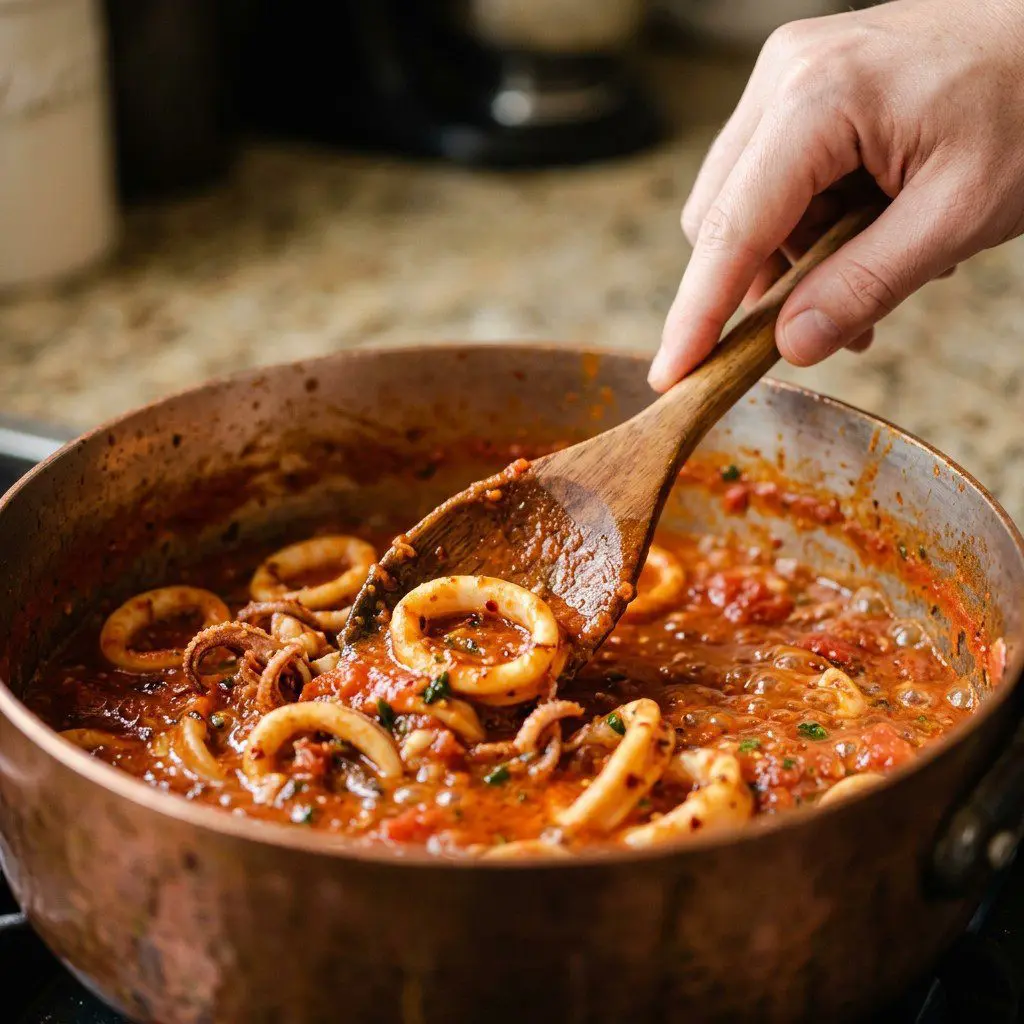 Home cook prepared steps for assembling and cooking Calamari Fra Diavolo.
