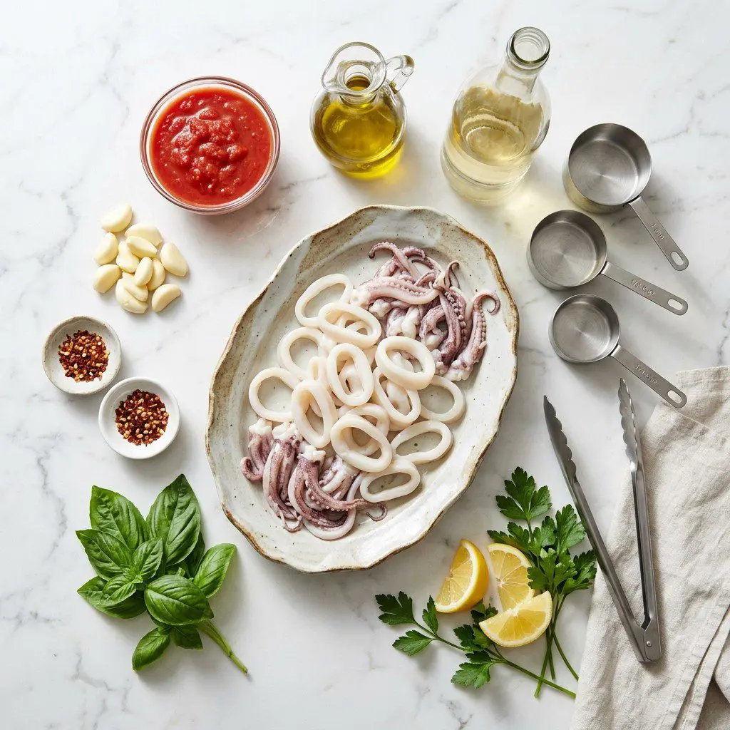 Raw cooking ingredients for Calamari Fra Diavolo arranged beautifully on a clean kitchen counter.