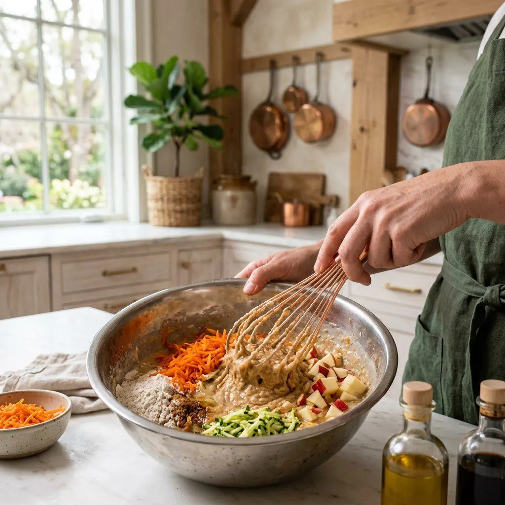 Home cook prepared steps for assembling and cooking Carrot, Zucchini, and Apple Muffins.