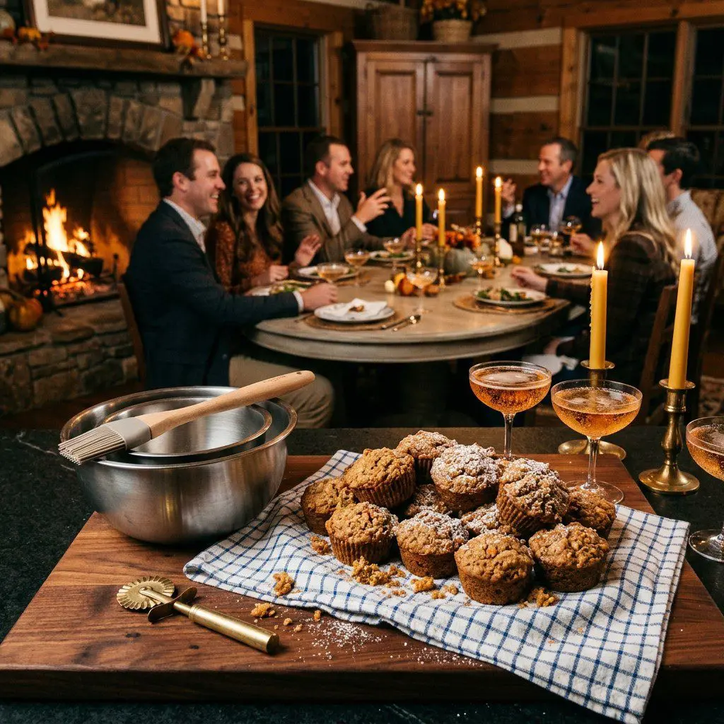 An appetizing, fresh serving of cooked Carrot, Zucchini, and Apple Muffins displayed beautifully on a styled dining table.