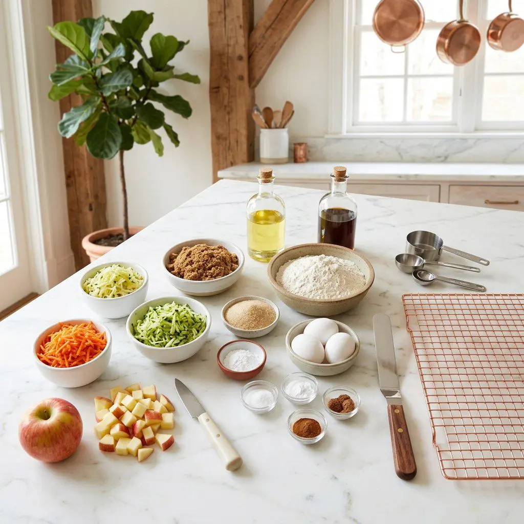 Raw cooking ingredients for Carrot, Zucchini, and Apple Muffins arranged beautifully on a clean kitchen counter.