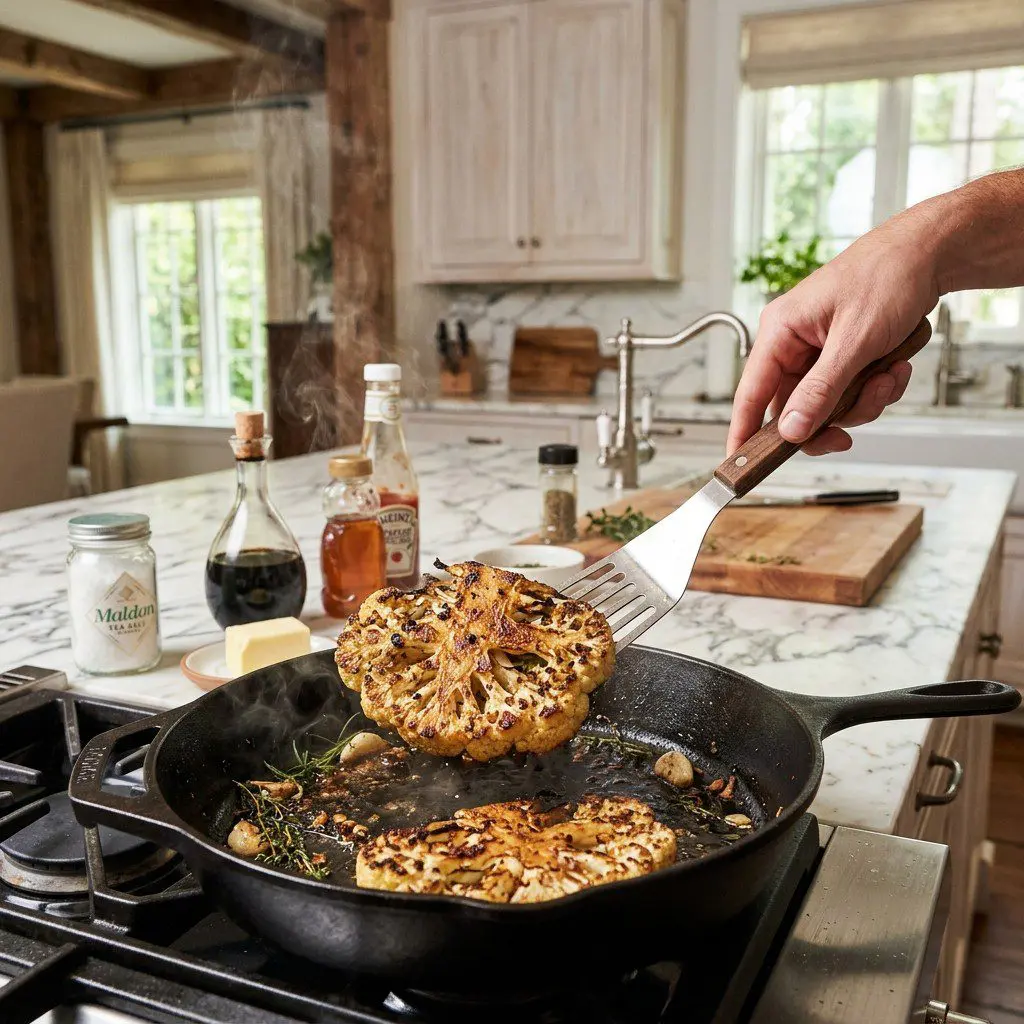 Home cook prepared steps for assembling and cooking Cauliflower Steaks with Gorgonzola Compound Butter and Balsamic Steak Sauce.