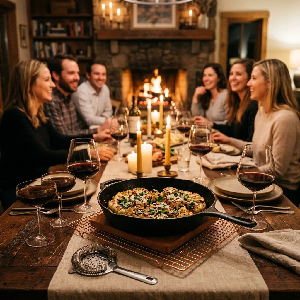 An appetizing, fresh serving of cooked Cauliflower Steaks with Gorgonzola Compound Butter and Balsamic Steak Sauce displayed beautifully on a styled dining table.