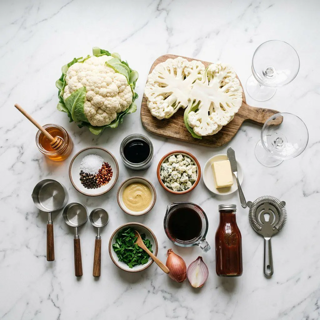 Raw cooking ingredients for Cauliflower Steaks with Gorgonzola Compound Butter and Balsamic Steak Sauce arranged beautifully on a clean kitchen counter.