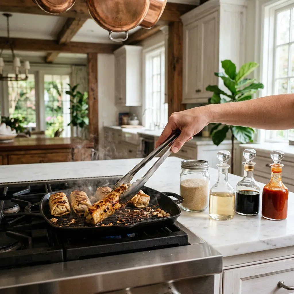 Home cook prepared steps for assembling and cooking Celebration Time Egg Rolls with Chicken, Mushrooms and Cabbage.
