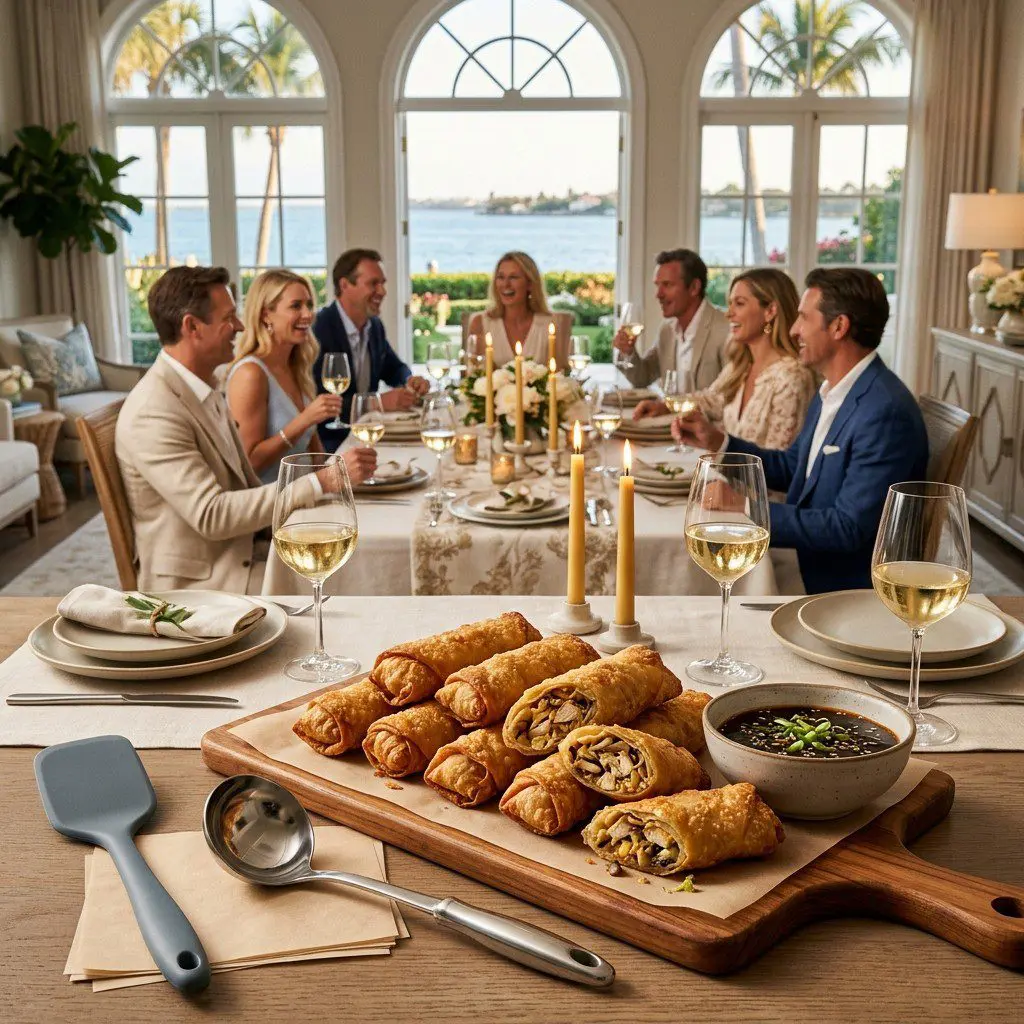 An appetizing, fresh serving of cooked Celebration Time Egg Rolls with Chicken, Mushrooms and Cabbage displayed beautifully on a styled dining table.