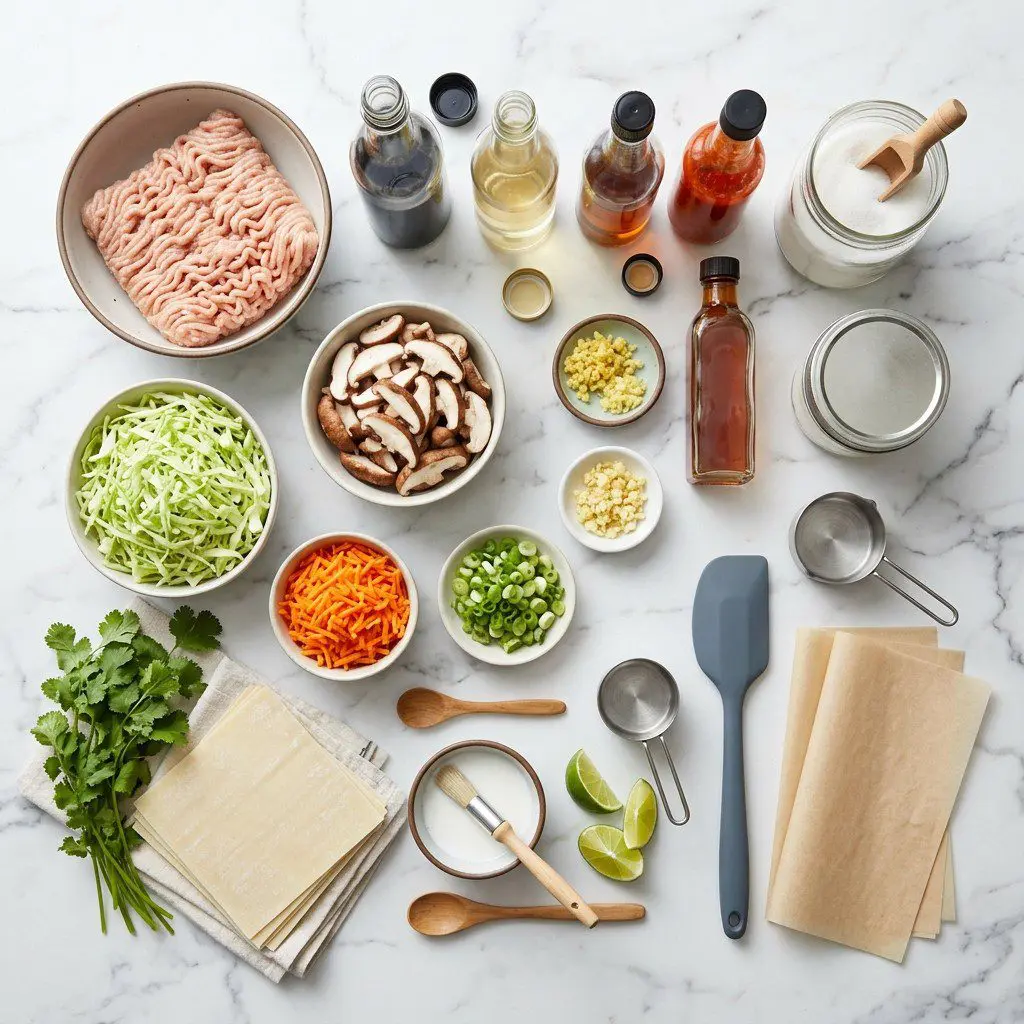 Raw cooking ingredients for Celebration Time Egg Rolls with Chicken, Mushrooms and Cabbage arranged beautifully on a clean kitchen counter.