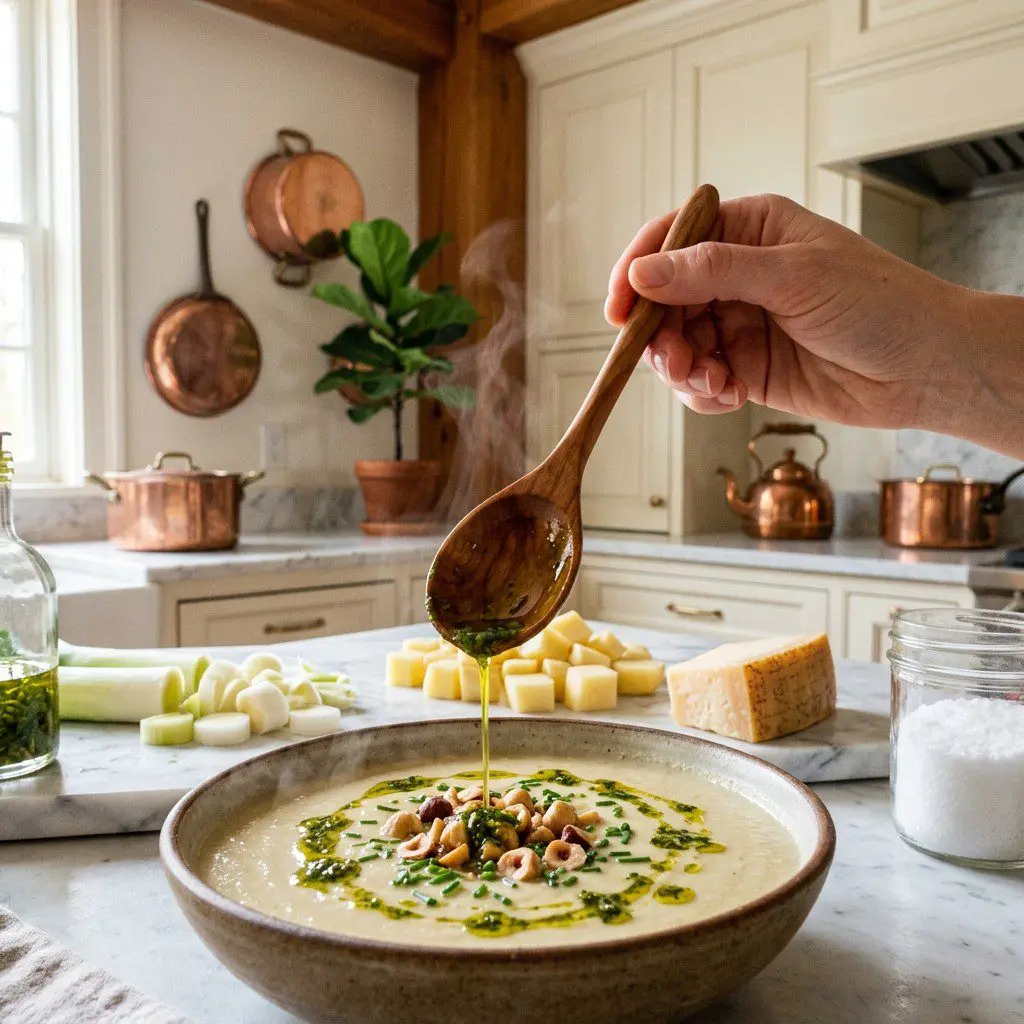Home cook prepared steps for assembling and cooking Celery Root Vichyssoise with Gremolata Oil and Chopped Hazelnuts.