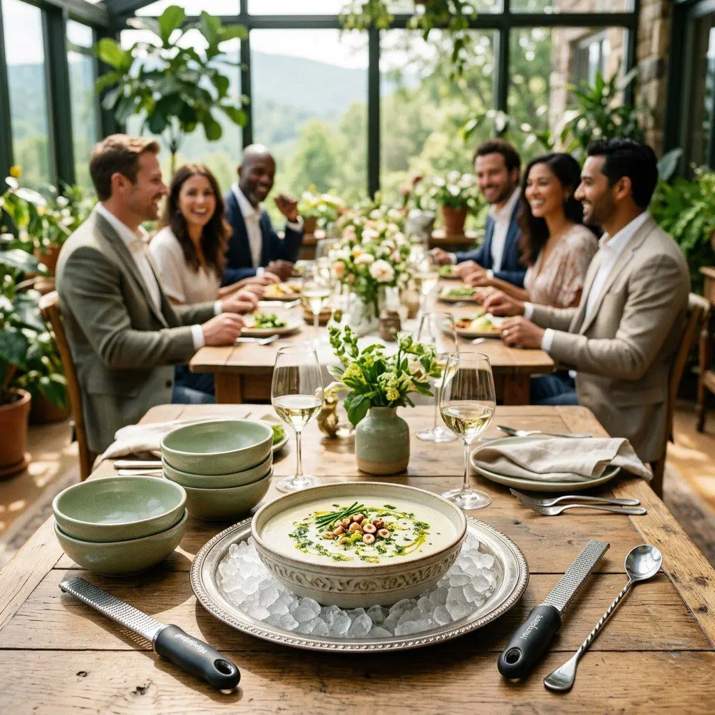 An appetizing, fresh serving of cooked Celery Root Vichyssoise with Gremolata Oil and Chopped Hazelnuts displayed beautifully on a styled dining table.