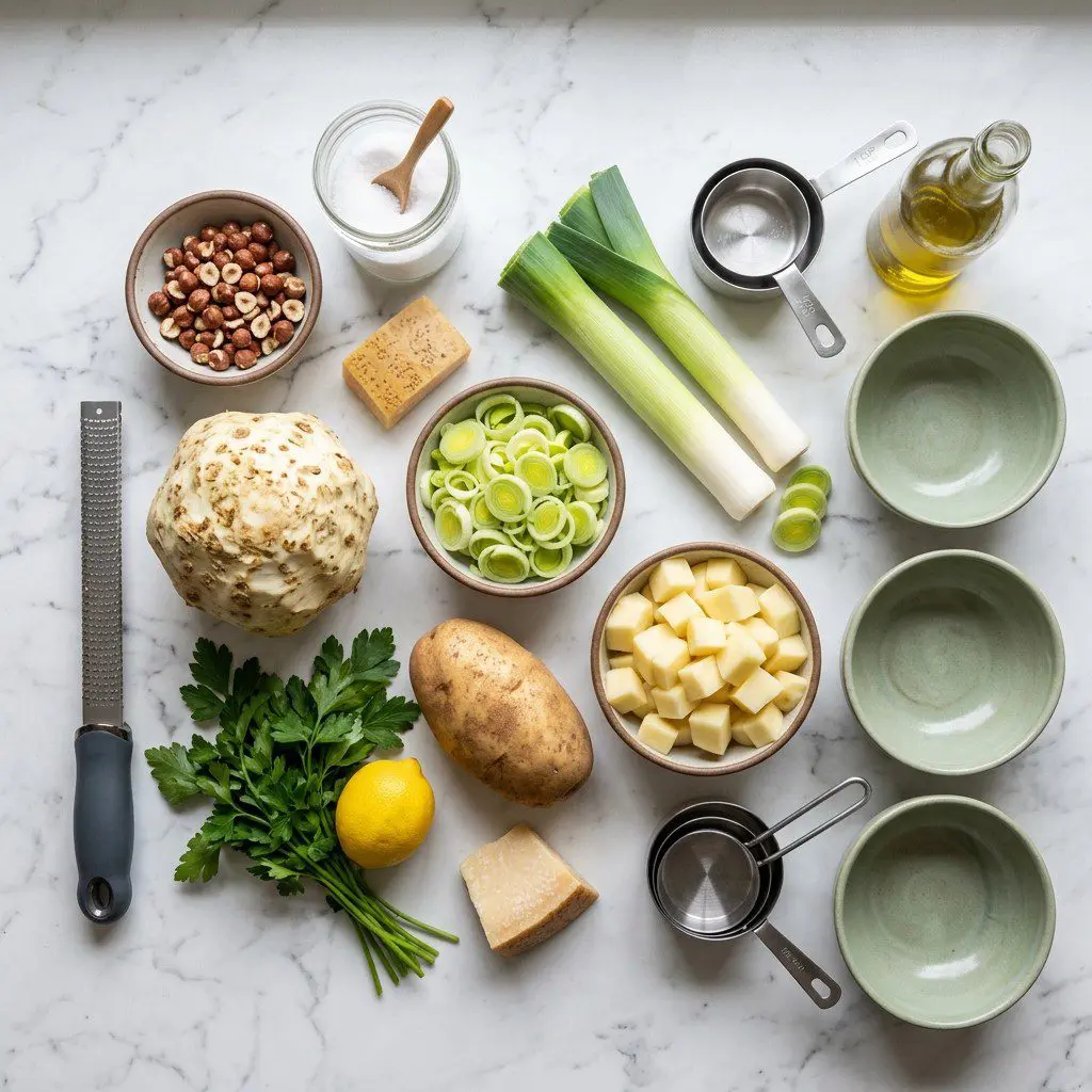 Raw cooking ingredients for Celery Root Vichyssoise with Gremolata Oil and Chopped Hazelnuts arranged beautifully on a clean kitchen counter.