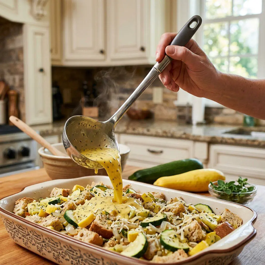 Home cook prepared steps for assembling and cooking Cheesy Summer Squash and Zucchini Bread Pudding.