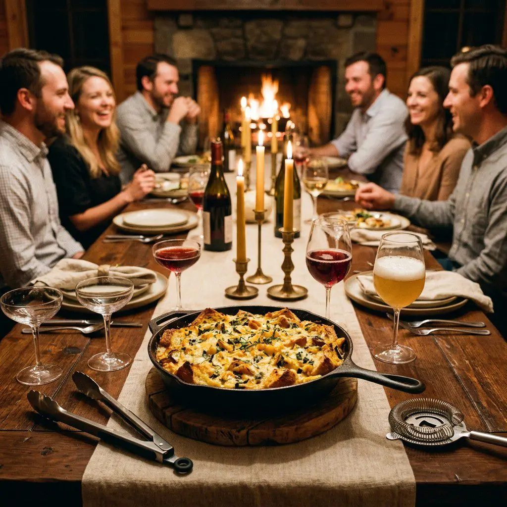An appetizing, fresh serving of cooked Cheesy Summer Squash and Zucchini Bread Pudding displayed beautifully on a styled dining table.