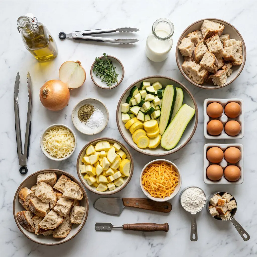 Raw cooking ingredients for Cheesy Summer Squash and Zucchini Bread Pudding arranged beautifully on a clean kitchen counter.