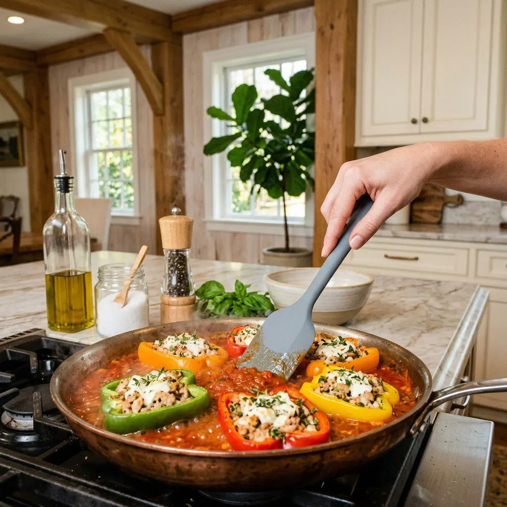 Home cook prepared steps for assembling and cooking Chicken and Goat Cheese Stuffed Peppers with Spicy Tomato Sauce.
