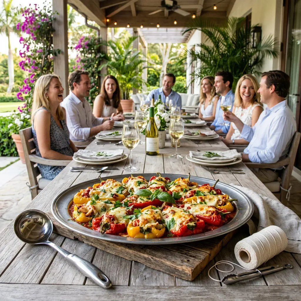 An appetizing, fresh serving of cooked Chicken and Goat Cheese Stuffed Peppers with Spicy Tomato Sauce displayed beautifully on a styled dining table.