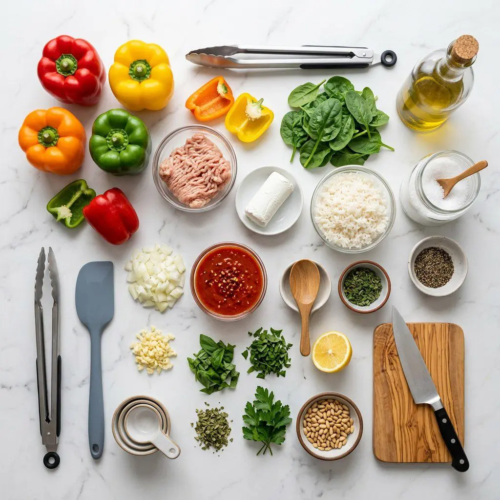 Raw cooking ingredients for Chicken and Goat Cheese Stuffed Peppers with Spicy Tomato Sauce arranged beautifully on a clean kitchen counter.