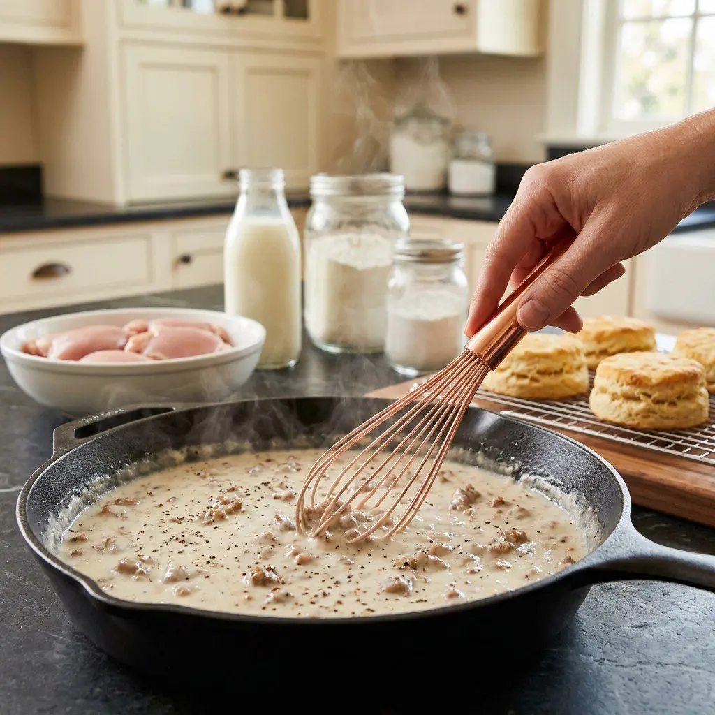 Home cook prepared steps for assembling and cooking Chicken Biscuits with White Sausage Gravy.