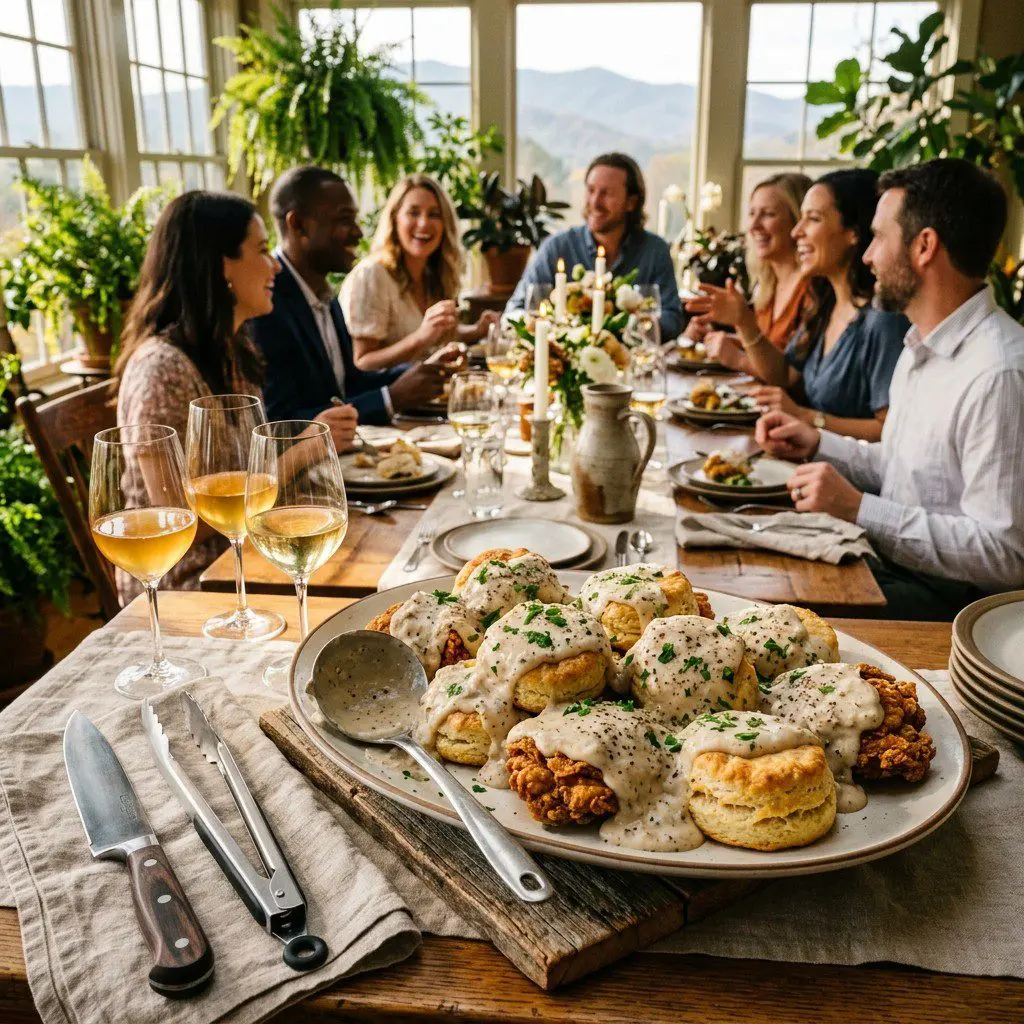 An appetizing, fresh serving of cooked Chicken Biscuits with White Sausage Gravy displayed beautifully on a styled dining table.