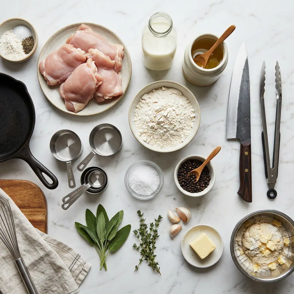 Raw cooking ingredients for Chicken Biscuits with White Sausage Gravy arranged beautifully on a clean kitchen counter.