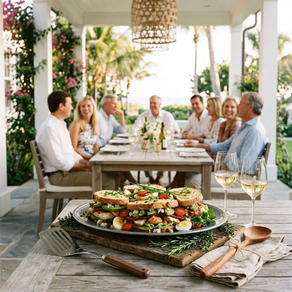 An appetizing, fresh serving of cooked Chicken Cobb Club Sammies displayed beautifully on a styled dining table.