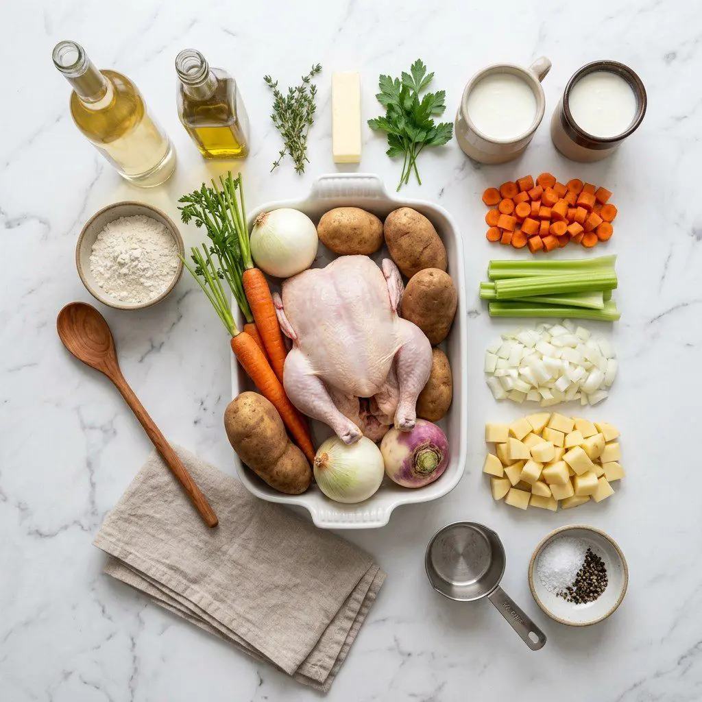 Raw cooking ingredients for Chicken ‘n Dumplin’s arranged beautifully on a clean kitchen counter.