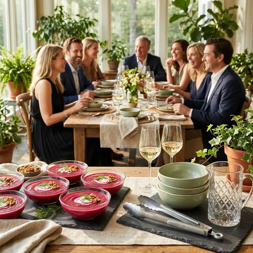 An appetizing, fresh serving of cooked Chilled Beet Soup displayed beautifully on a styled dining table.