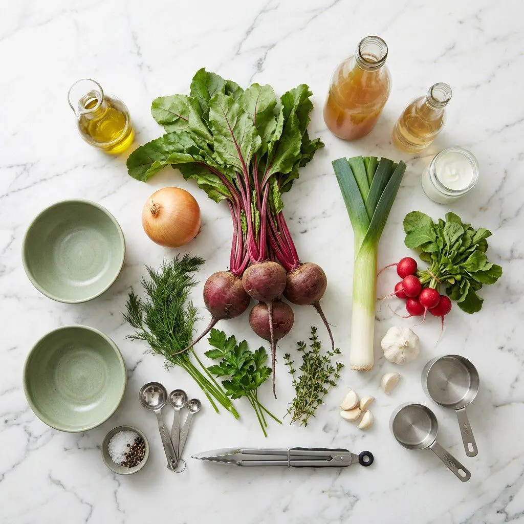 Raw cooking ingredients for Chilled Beet Soup arranged beautifully on a clean kitchen counter.